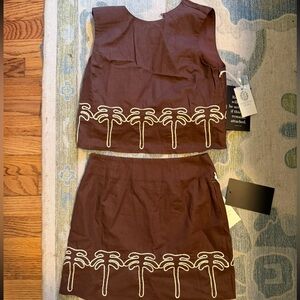 Brown Embroidered Palm-Trim Top/Skirt - Women